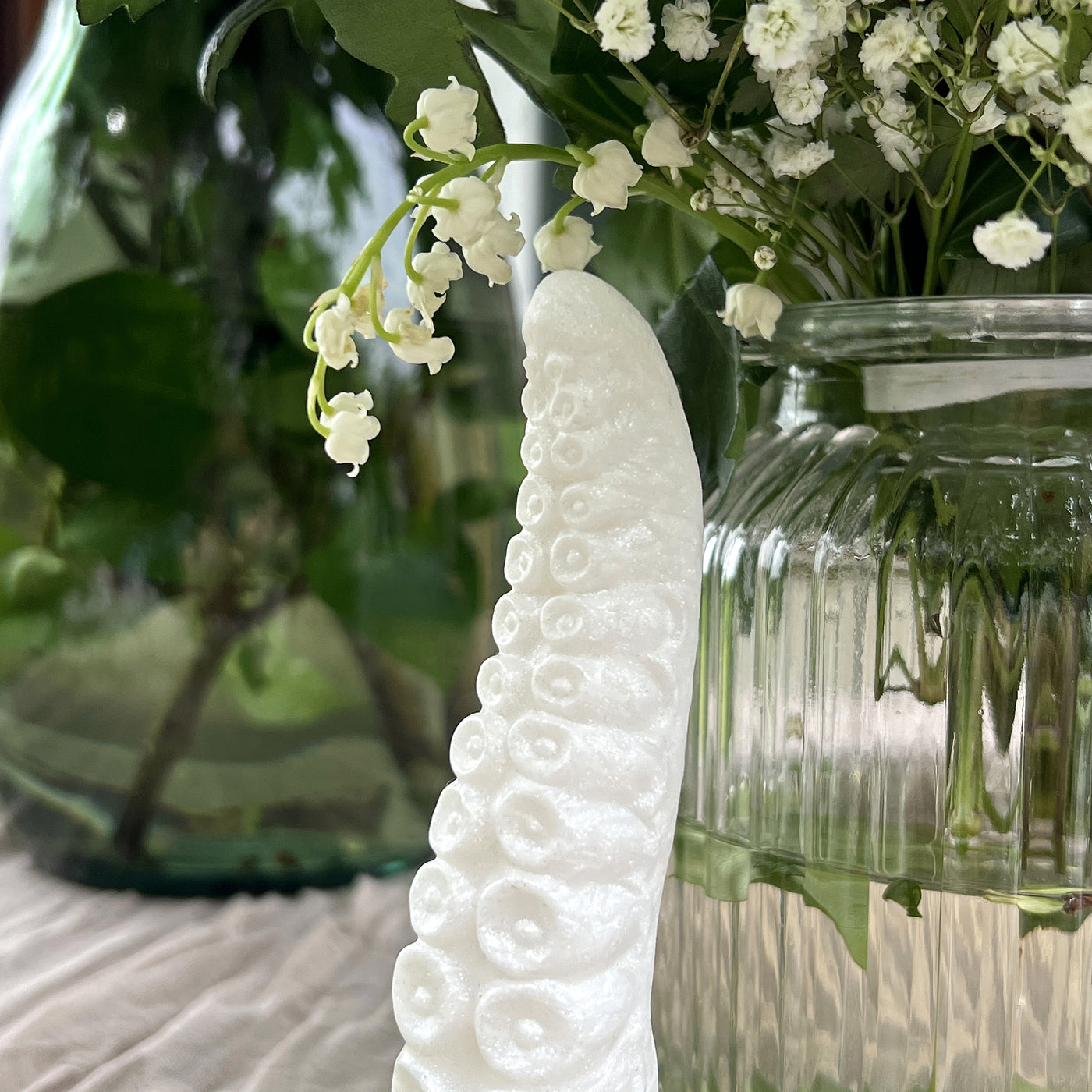 Détails des petites ventouses de la tentacule blanche Néa Elancée dans le coloris Neige de l'Yrme, une texture haute en relief pour une stimulation intense en humping et en pénétration