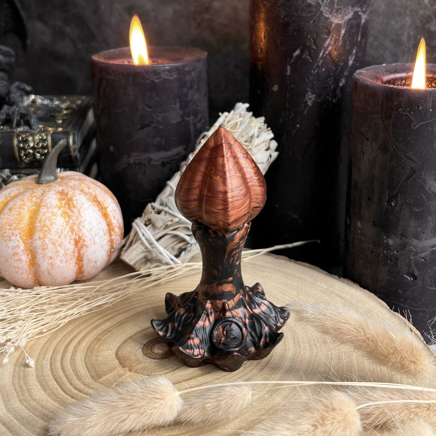 Plug anal d'halloween noir et cuivre, un sextoy fantasy en silicone médical inspiré d'un bouton de rose