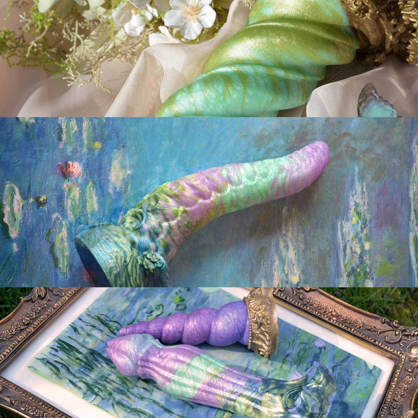 Les différents sextoys en silicone de la collection Printemps Enchanté par Fera Daemon : une esthétique féérique et florale poétique.