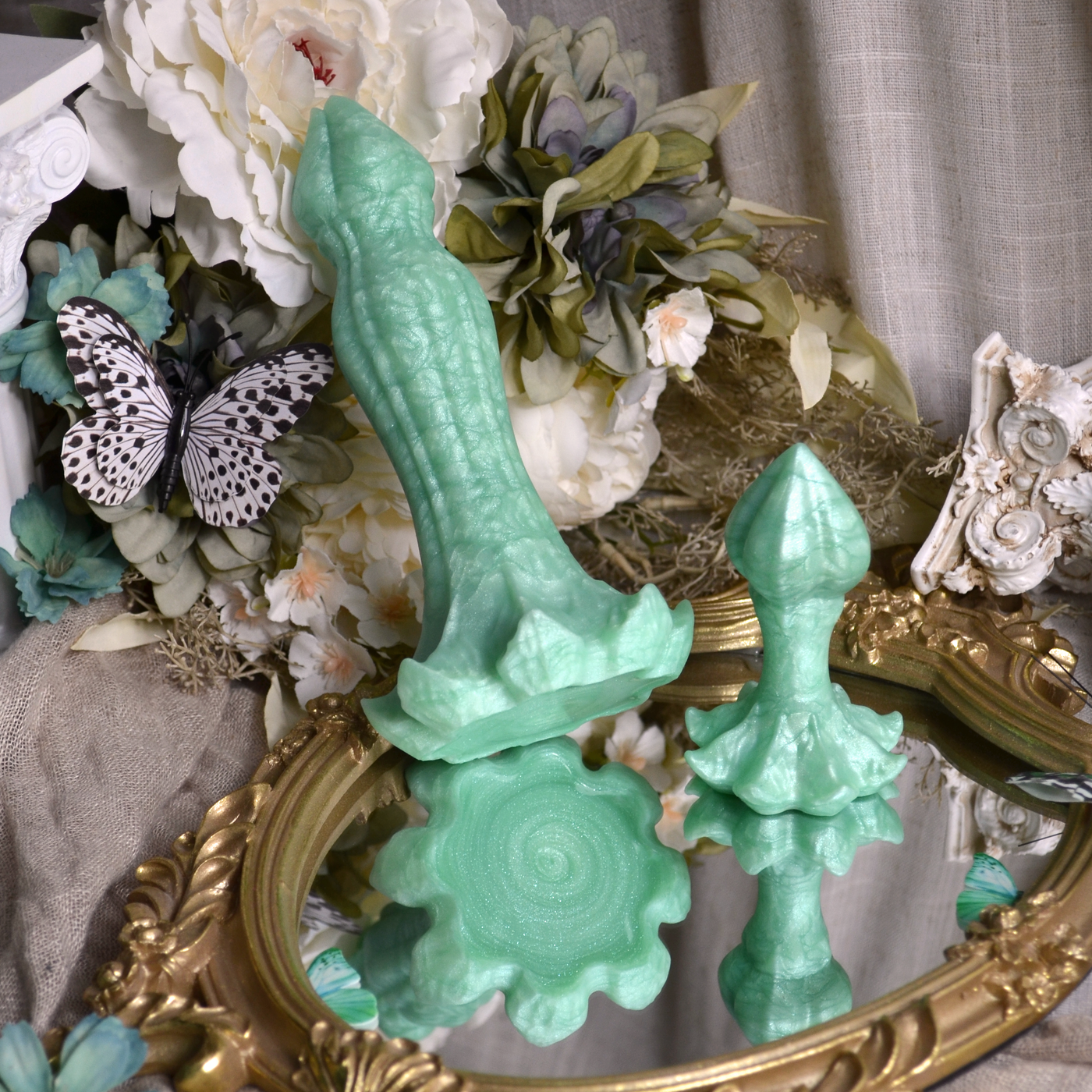 Sextoys Fantasy en silicone vert menthe avec un design floral