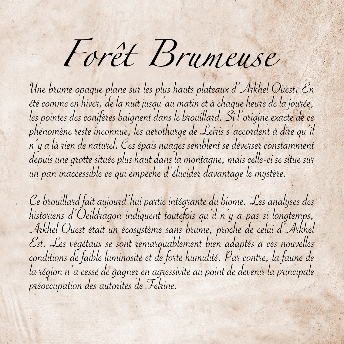 Texte de fantasy du coloris forêt brumeuse dans le monde imaginaire de Fera Daemon.