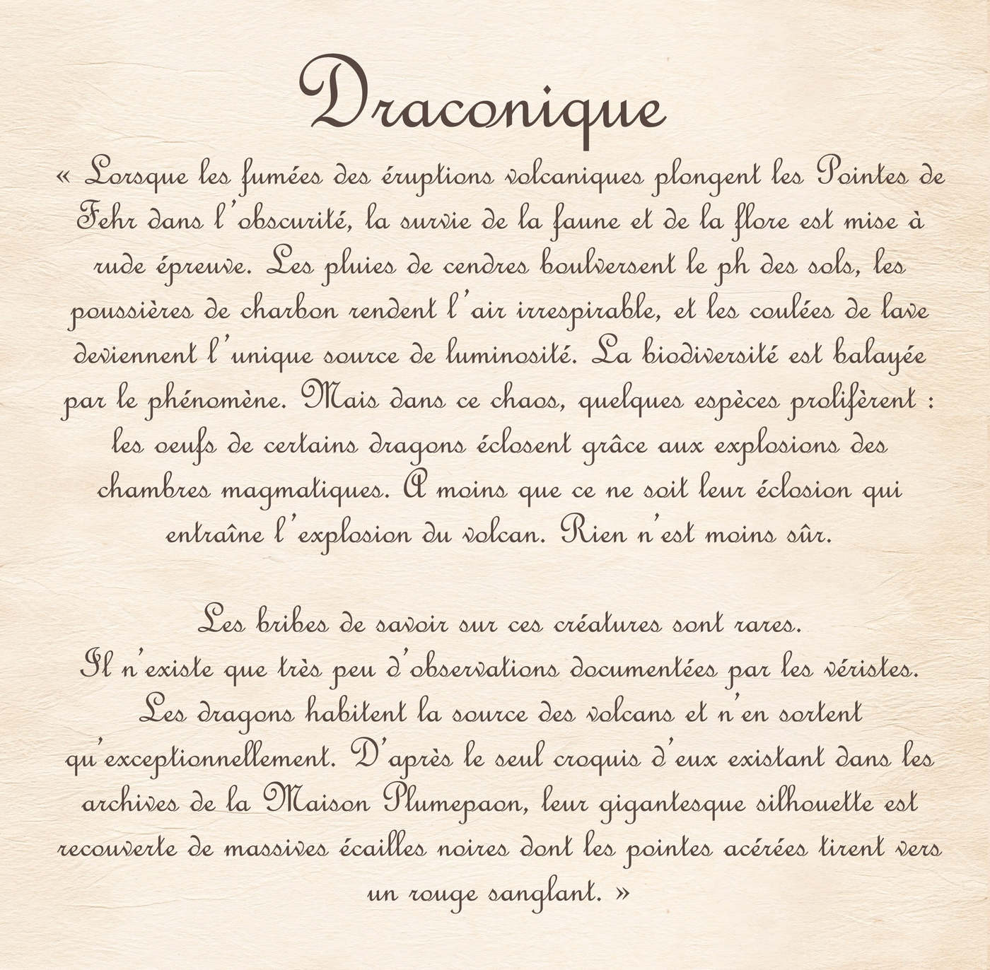 Texte dark fantasy sur l'histoire du coloris draconique dans l'univers de Fera Daemon