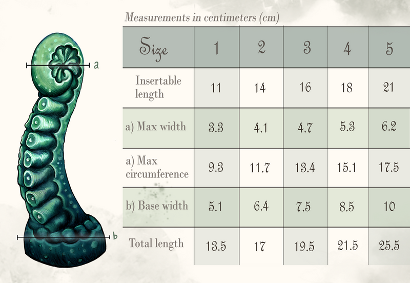 Size guide of the tentacle dildo Nea Coiled from Fera Daemon