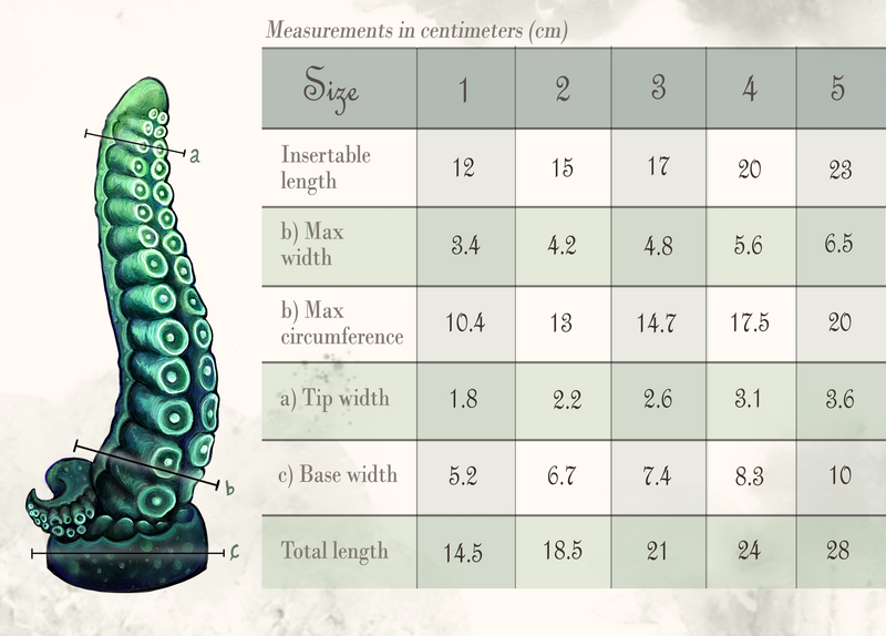 Size guide of the tentacle dildo Nea Rising from Fera Daemon